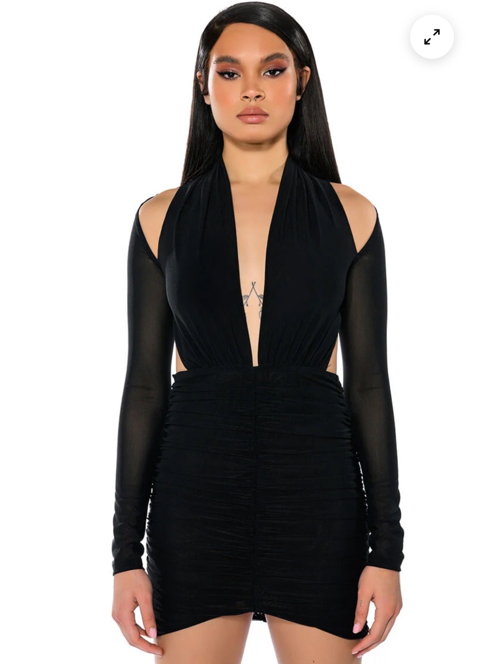 AKIRA Black Ruched Cold-Shoulder Plunge Mini Dress
